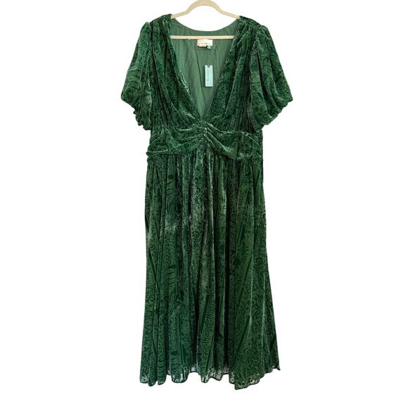 NWT Anthropologie Maxi Dress Green Puff-Sleeve Burnout Velvet 24W, 3X Boho Party - Picture 3 of 9